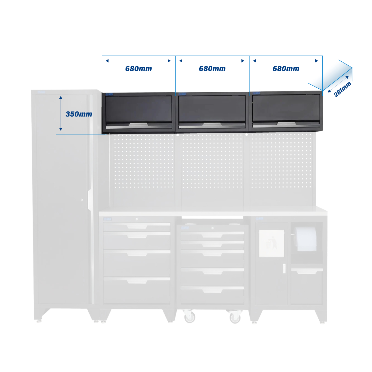 SGS 10pc Modular Garage Storage | 9 Drawers | Stainless Steel Worktop | Tall Single Cabinet | Bin Unit | Mobile Cabinet | 3x Upper Cabinets